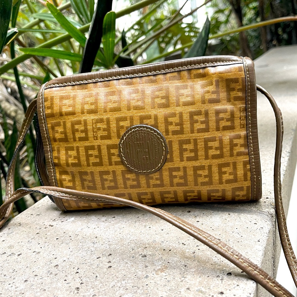 FENDI Vintage FF Zucca Small Monogram Coated Leather Crossbody Bag with COA